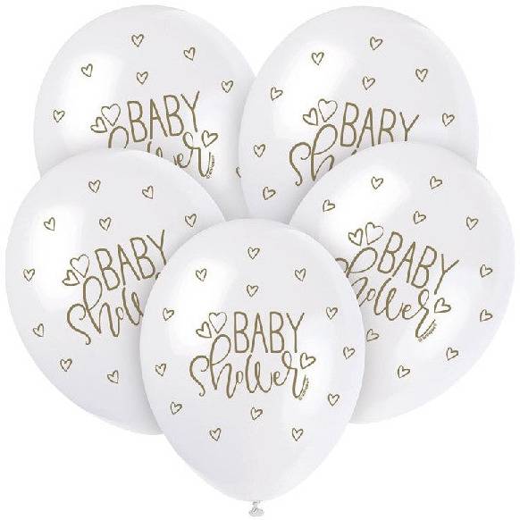 Valkoiset 30 cm ilmapallot kultaisella tekstillä "Baby Shower" vauvakutsuille (5 kpl).