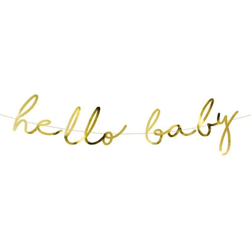 Kultainen "Hello Baby"-viiri vauvakutsuille ja sukupuolen paljastusjuhliin.