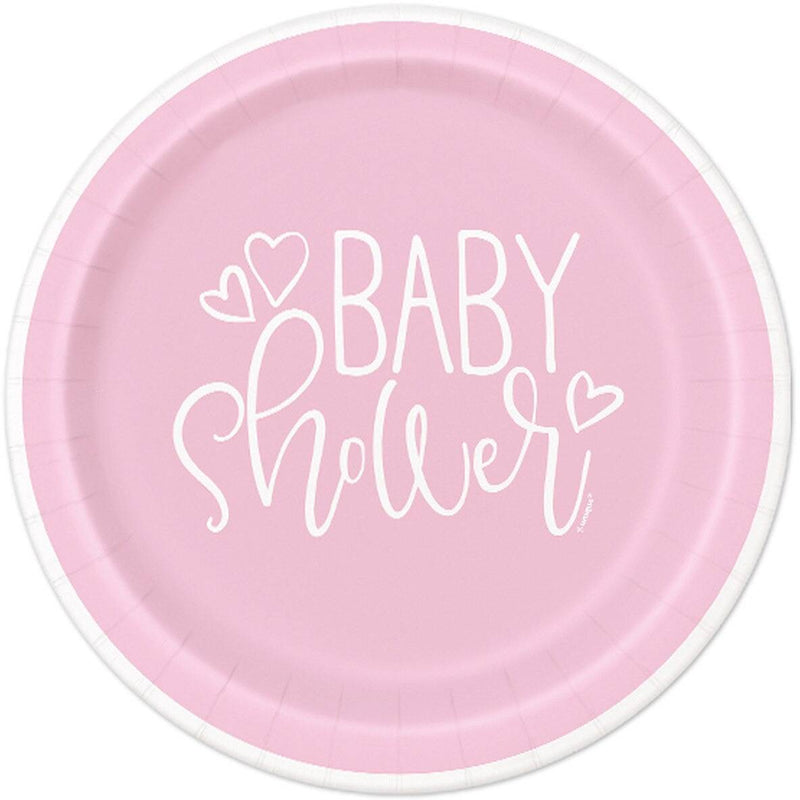 Vaaleanpunaiset 18 cm "Baby Shower" lautaset vauvakutsuille (8 kpl).