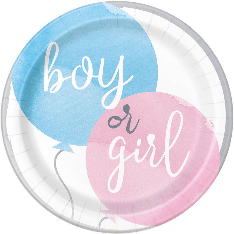 Gender Reveal juhliin "Boy or Girl" isot lautaset, hopeinen reuna (8 kpl)