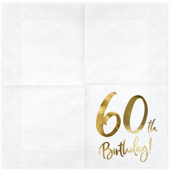 60-vuotissyntymäpäiville isot servetit "60th Birthday", kultainen foliokirjailu (20 kpl)