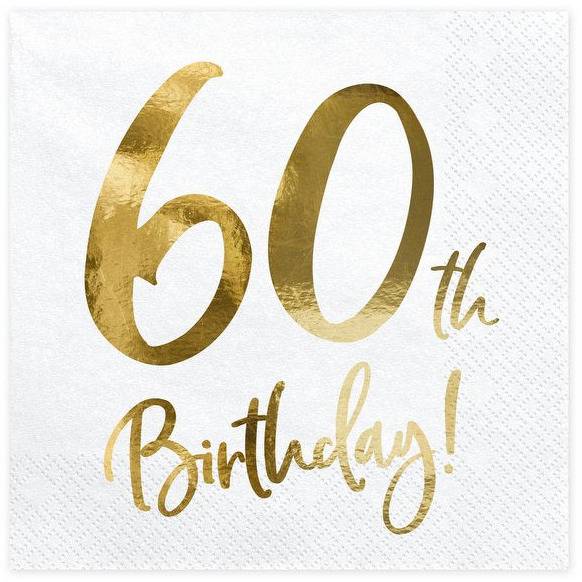 60-vuotissyntymäpäiville isot servetit "60th Birthday", kultainen foliokirjailu (20 kpl)