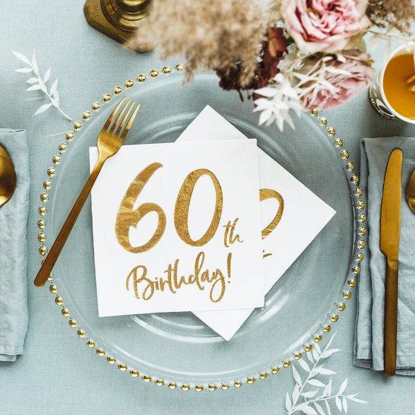 60-vuotissyntymäpäiville isot servetit "60th Birthday", kultainen foliokirjailu (20 kpl) 