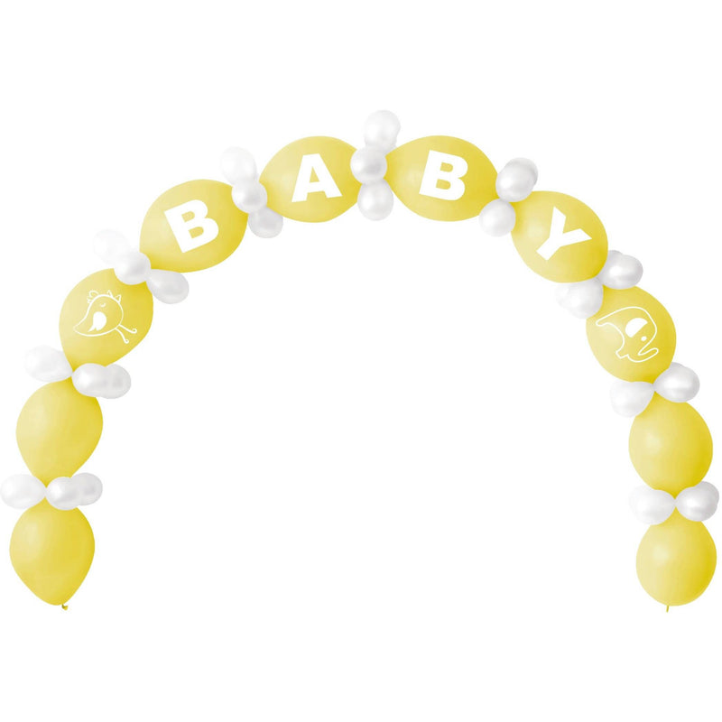 Keltainen "Baby"-ilmapallokaari tyttö- tai poikavauvan vauvajuhliin (65 kpl).