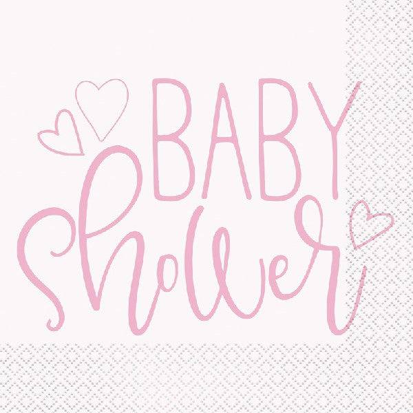 Vaaleanpunaiset "Baby Shower" servetit (16 kpl).