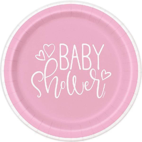 Vaaleanpunaiset 22 cm "Baby Shower" lautaset vauvakutsuille 8 kpl.