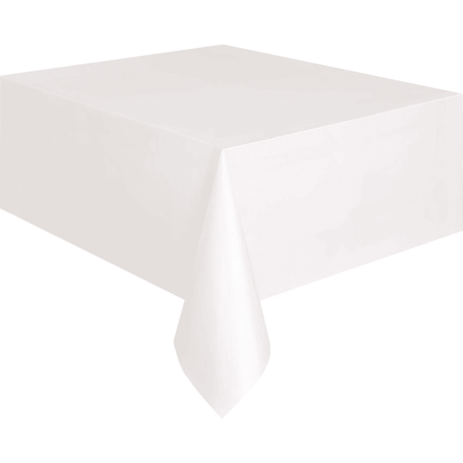 Valkoinen pöytäliina, kertakäyttö muovinen (137 x 274 cm).