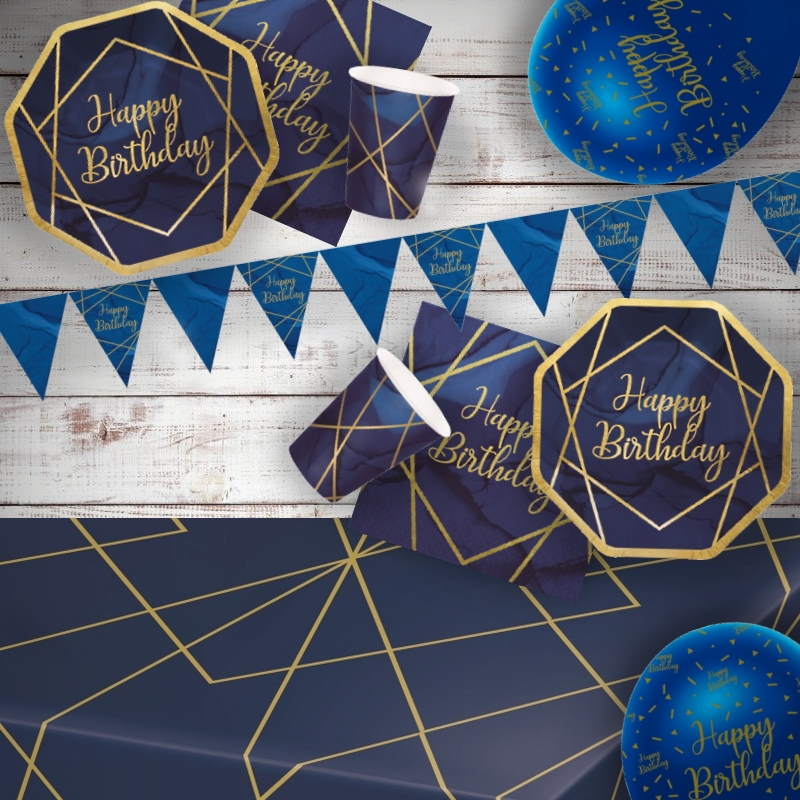 Tyylikkäät royal siniset "Happy Birthday" servetit kultaisilla palkkiraidoilla (16 kpl).