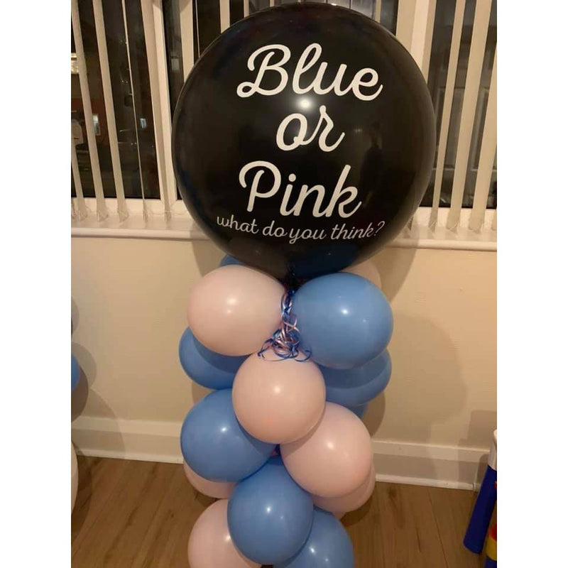 Paljasta sukupuoli "Blue or Pink"- jätti-ilmapallolla, vaaleansininen konfettitäyte poikavauvalle (90 cm jätti).