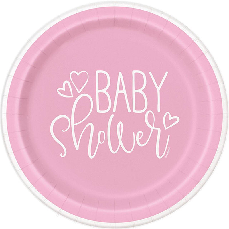 Vaaleanpunaiset 22 cm "Baby Shower" lautaset vauvakutsuille 8 kpl.