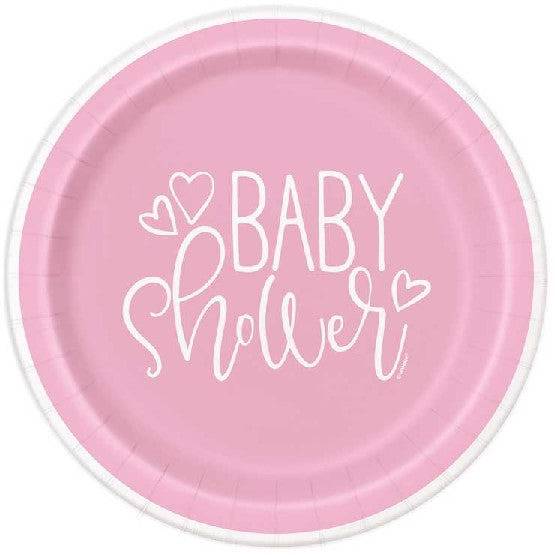 Vaaleanpunaiset 18 cm "Baby Shower" lautaset vauvakutsuille (8 kpl).