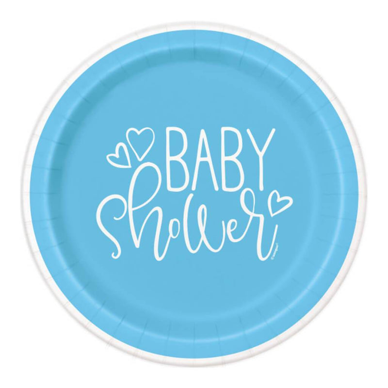 Vaaleansiniset "Baby Shower" isot lautaset vauvakutsuille (8 kpl).