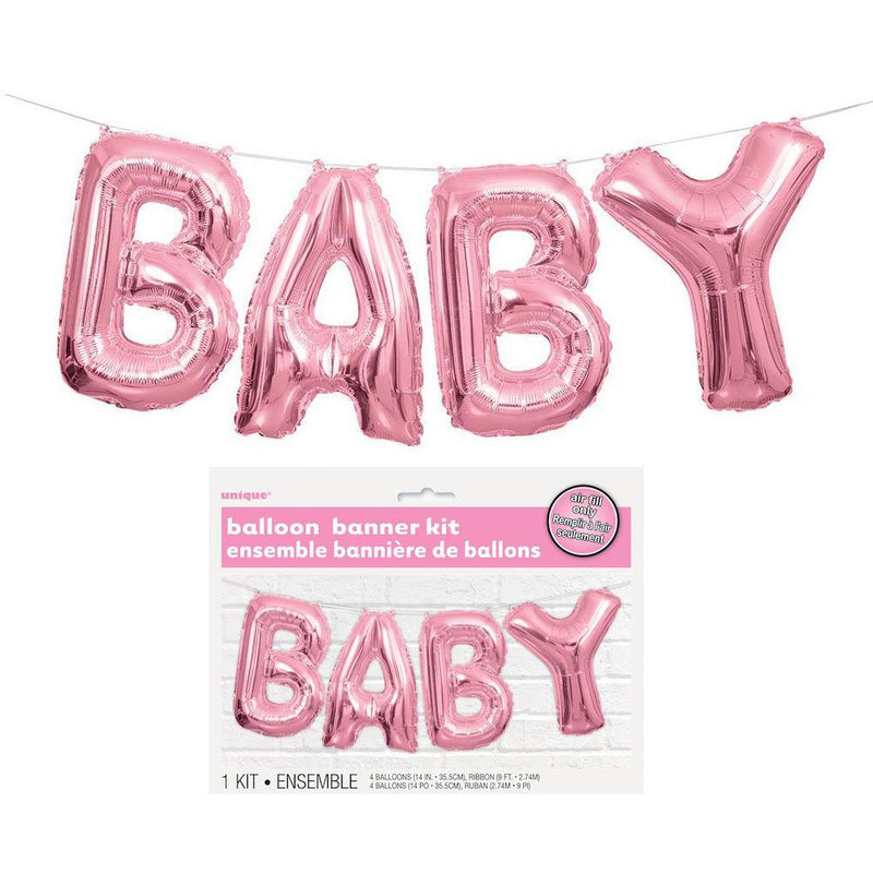 Vaaleanpunainen "Baby"-kirjainilmapallot viiri vauvakutsuille.