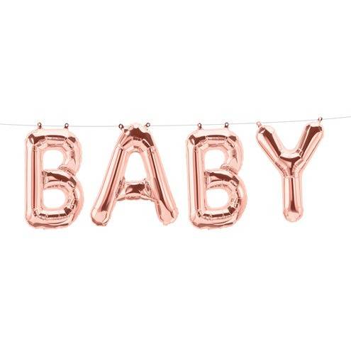 Ruusukulta "Baby"-kirjainilmapallot viiri vauvakutsuille (2.7 metriä).