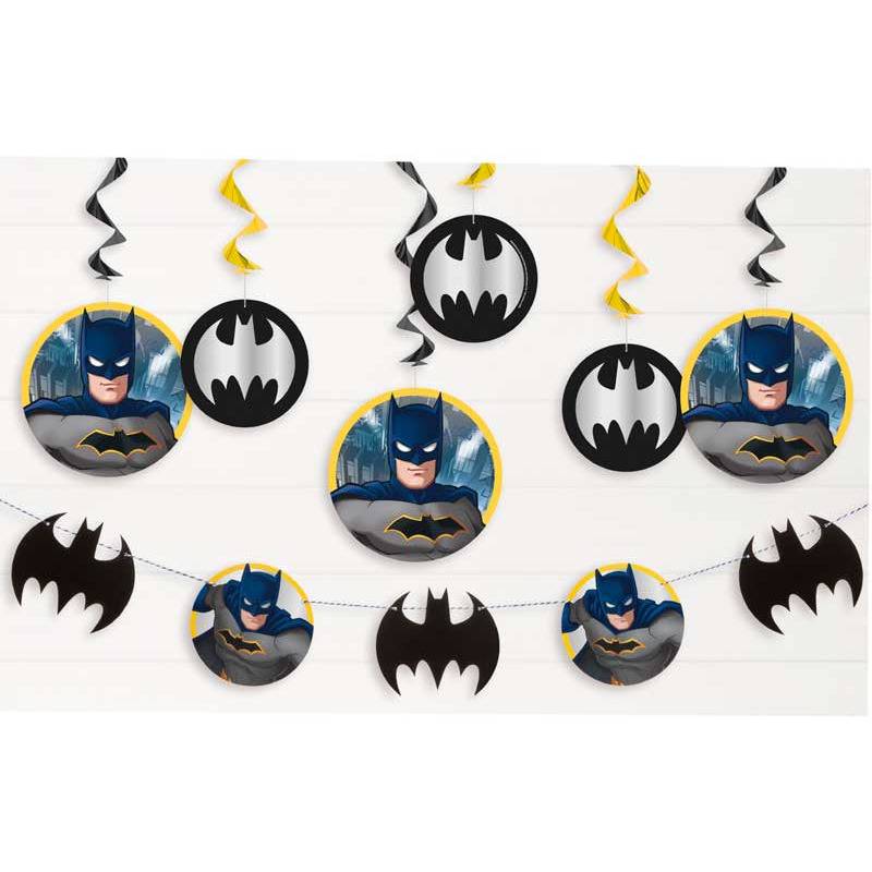 Batman koristepaketti, viiri ja roikkuvat pyörrekoristeet (7 kpl).