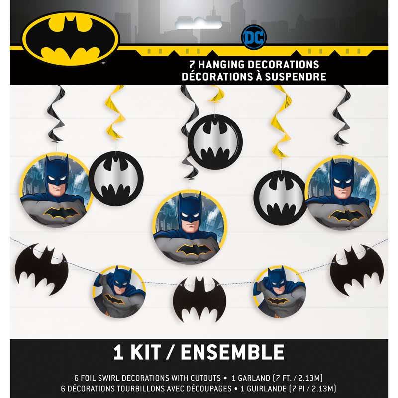 Batman koristepaketti, viiri ja roikkuvat pyörrekoristeet (7 kpl).