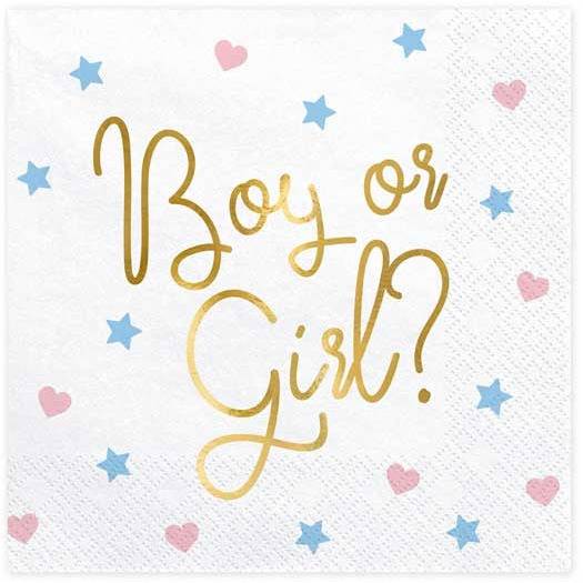 Lautasliinat Gender Reveal-juhliin "Boy or Girl" kultaisella tekstillä (20 kpl).