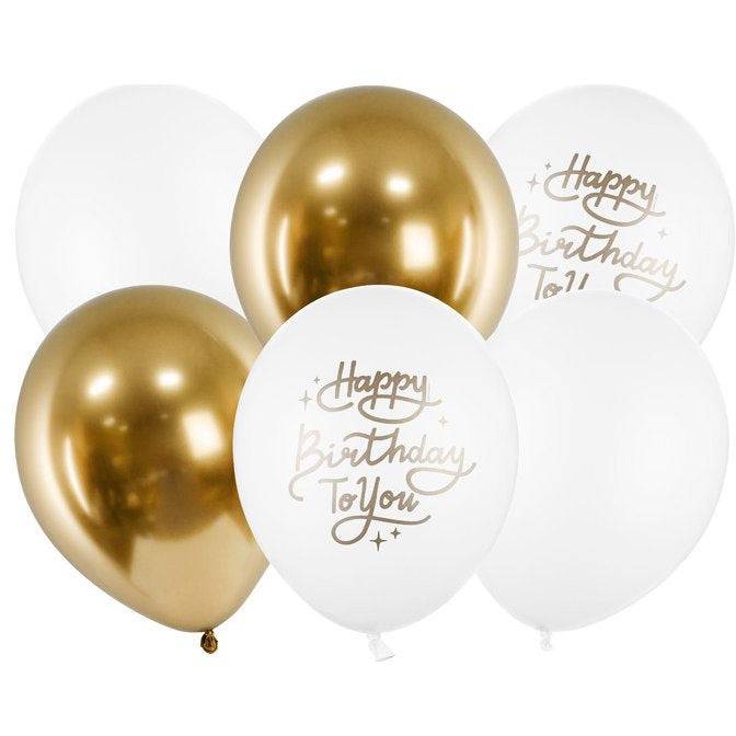 Ilmapallot "Happy birthday to you", kulta ja valkoinen (6 kpl)