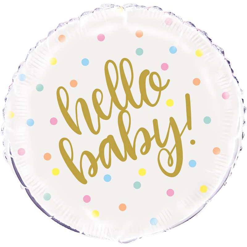 Upea "Hello Baby" -foliopallo vauvakutsuille, valkoinen/kulta 45 cm.