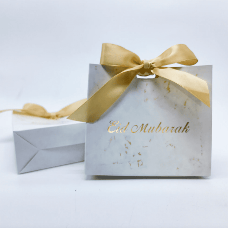 Eid mubarak marmorin sävyiset pussit suklaalle tai baklavalle silkkirusetilla, kulta