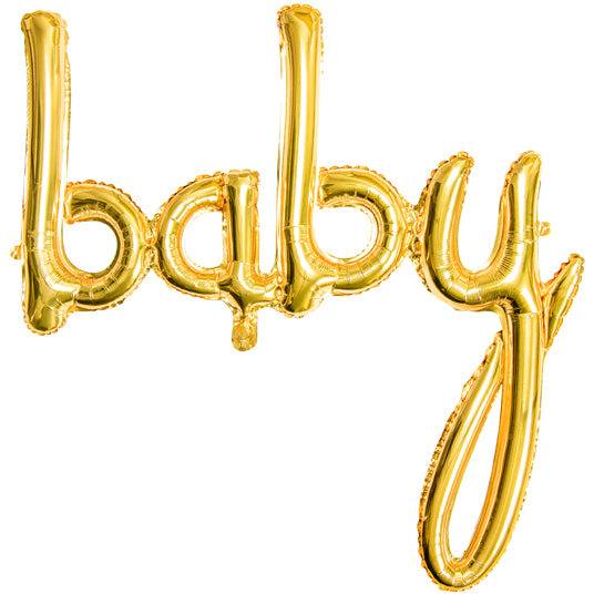 Kultainen folioviiri "Baby" vauvakutsuille ja gender reveal-juhliin (75 cm).