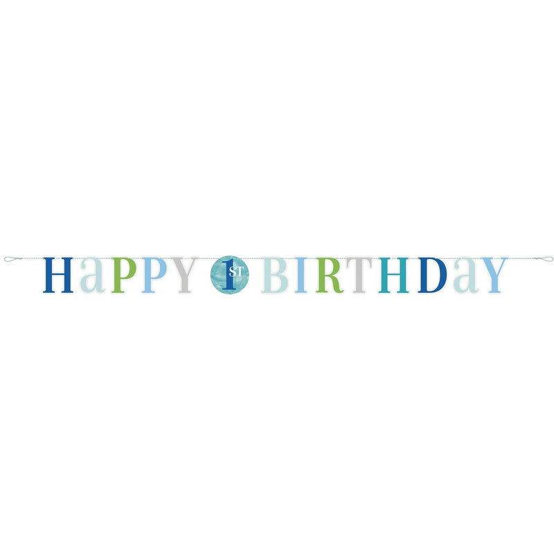 Vaaleansininen viiri 1-vuotissyntymäpäiville "Happy 1st birthday"